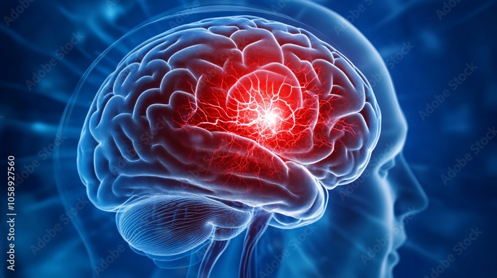 Poster specialist reviewing the blood vessels in a brain scan for signs of stroke with copy space for text