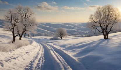 Obraz premium Snowy Path through Winter Hills