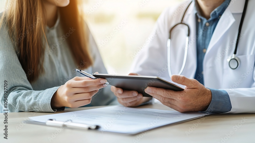 Poster nurse using a tablet to explain upcoming physical therapy to a stroke patient with copy space for te