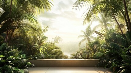 Fototapeta premium Futurism captures the essence of a tropical paradise with a serene view from a balcony, framed by industrial elements and lush palms, creating a tranquil rainforest scene. Copy space available.