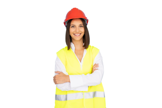 Confident woman engineer wearing a protective helmet