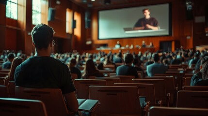 University Lecture Hall with Students Focused on Professor s Presentation on Large Projection Screens