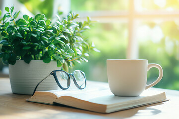 A cozy morning routine enjoying a book warm coffee and a lush plant by the sunlit window