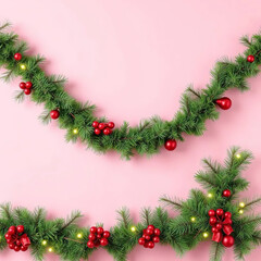 christmas garland mock up copy space, pink background, merry christmas and happy new year