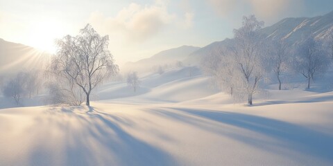 Serene winter landscape featuring untouched snow and soft shadows, creating a tranquil and peaceful atmosphere during the cold season.