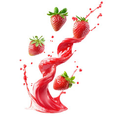 Swirling strawberry juice liquid and beautiful splashes with floating strawberries. twisted liquid strawberry on transparent background