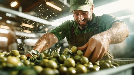 An enthusiastic worker joyfully sorts a pile of green olives, capturing the essence of dedication and labor, set in a well-lit, lively environment.