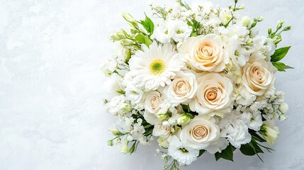 Top view shot of a delicate bunch of flowers arranged elegantly on a white table top, capturing the beauty and intricacy of the flowers with ample copy space.