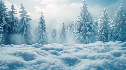 Naklejka premium Snowfall in a Winter Forest: A Beautiful Landscape with Snow-Covered Fir Trees and Snowdrifts, Perfect for a Merry Christmas and Happy New Year Greeting with Copy Space