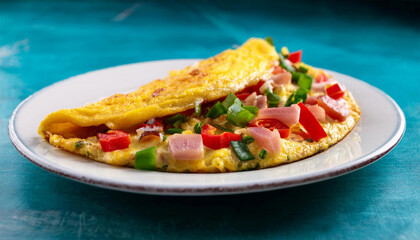 Western omelet with green and red peppers, onions, ham, and cheese, on a plate.