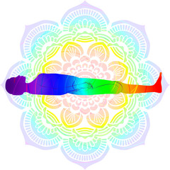 Colorful silhouette of woman practicing Supta Ardha Virasana yoga pose. Supine Hero pose or Half Saddle pose. Isolated vector illustration