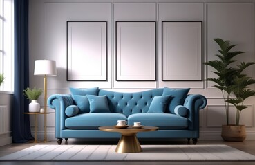 Fototapeta premium Stylish blue sofa in elegant living room with minimalist decor and natural light
