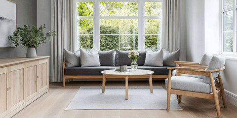 Contemporary living room design featuring a cozy seating area with natural light in a modern home