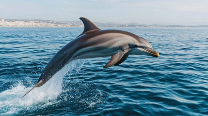 Fototapeta premium A dolphin leaps gracefully from the ocean, showcasing its agility above the shimmering waves under a clear sky.