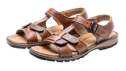 Naklejka premium Brown leather men's sandals with adjustable straps and cushioned soles isolated on transparent background