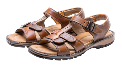Brown leather men's sandals with adjustable straps and cushioned soles isolated on transparent background