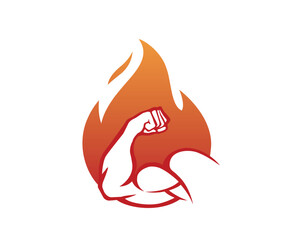 creative bicep muscle and fire flame logo vector icon symbol	

