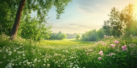 Obraz premium Summer landscape featuring a meadow filled with lush green grass, blooming flowers, and flourishing trees, creating a beautiful scene of natural beauty and vitality.