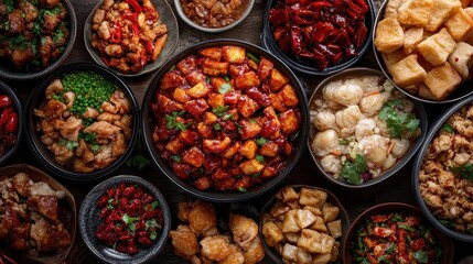 Fototapeta premium An array of traditional Chinese dishes arranged in a visually striking manner, highlighting the rich diversity and flavor of authentic Chinese cuisine.
