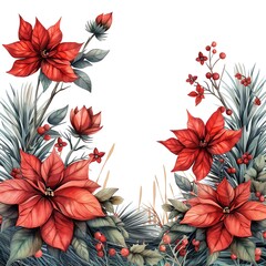 Watercolor Christmas floral frame with red poinsettia flowers and pine branches on white background.