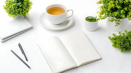 A calm and tranquil workspace with an open journal a steaming cup of tea and lush vibrant plants cultivates a peaceful and contemplative atmosphere perfect for focused work study