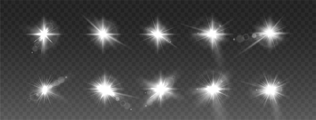 Light star, white. Light sunny sparkle. White light flash. Vector illustrator. lighting effects. Beam a spotlight and a star with bokeh and dust. Glowing abstract isolated lenses with light effects.