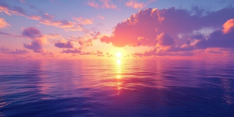 A sunset casts its vibrant colors across the deep blue ocean, creating stunning reflections on the waters surface. The scene showcases the beauty of nature.