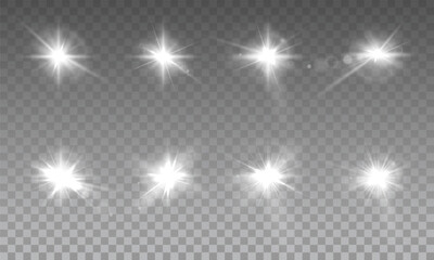 Light star, white. Light sunny sparkle. White light flash. Vector illustrator. lighting effects. Beam a spotlight and a star with bokeh and dust. Glowing abstract isolated lenses with light effects.