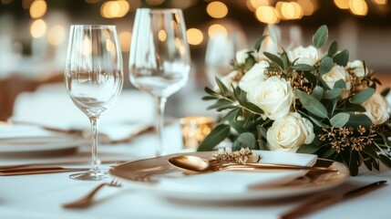 A sophisticated dining table setup featuring elegant wine glasses, fine cutlery, and a lush floral arrangement in a softly lit, bokeh-rich ambiance.