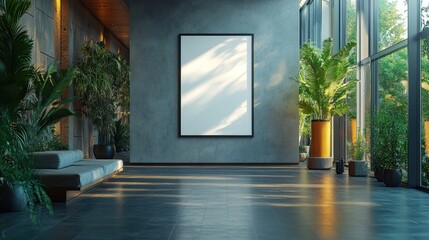 A modern interior design with a large blank canvas on the wall, surrounded by plants and sunlight streaming through large windows.