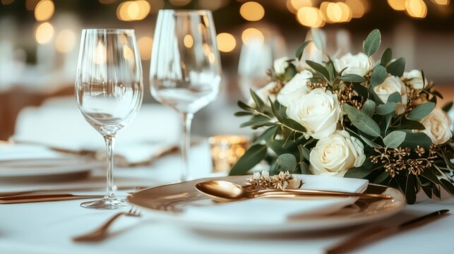 A sophisticated dining table setup featuring elegant wine glasses, fine cutlery, and a lush floral arrangement in a softly lit, bokeh-rich ambiance.