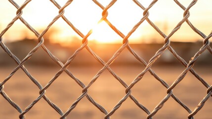 Fototapeta premium A chain-link fence silhouette in front of a glowing sunset, capturing an industrial yet serene essence, showcasing the interplay of light and texture.