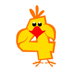 Cartoon number 4 like yellow chicken, figure four. Calligraphy, lettering, typography for your Education cards or game. Cute sticker