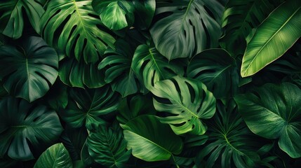Fototapeta premium Tropical leaves, including monstera and beech tree elements, create a beautiful boho chic style background with ample copy space for your creative projects.
