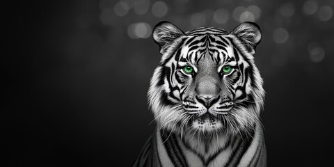 Obraz premium A stunning black and white tiger with striking green eyes is featured in close up against a dark bokeh backdrop, providing plenty of empty space for text.