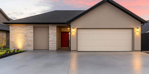Fototapeta premium Modern residential house exterior with a stylish red door and landscaped front yard at dusk