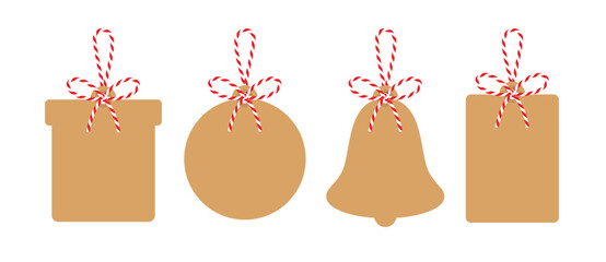 Set blank Christmas New Year tags (tree ball, gift box, bell) with bow and ribbons. Kraft paper background, textbox tied up with cotton red rope bakers twine. Packing string for present. Vector EPS10