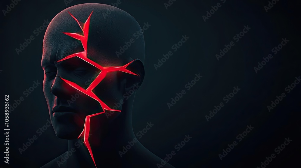 Poster Abstract art of a broken head with glowing cracks on a dark background.