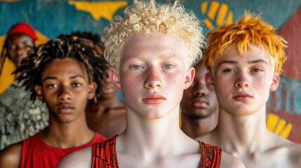 Fototapeta premium Young individuals with diverse hairstyles stand confidently against a vibrant mural, AI