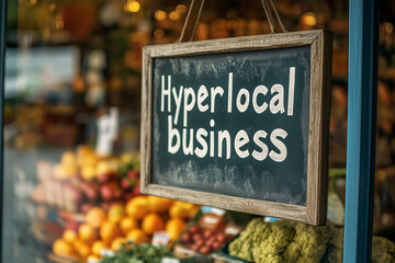 Wooden Chalkboard sign with handwriting text Hyperlocal business hangs prominently on the glass window outside market showcasing fresh produce and local goods in a vibrant neighbourhood. Support local