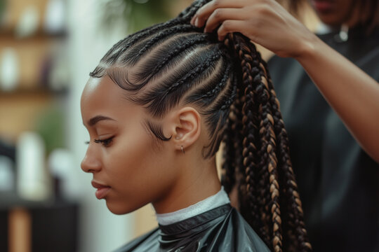 Close up skilled hairstylist is meticulously braiding hair of afro american female client in the barber salon. Black healthy hair culture and Style. Stylish therapy professional care concept.