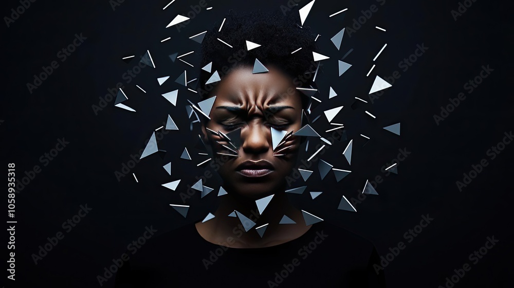 Poster abstract representation of shattered thoughts and emotions on a dark background.