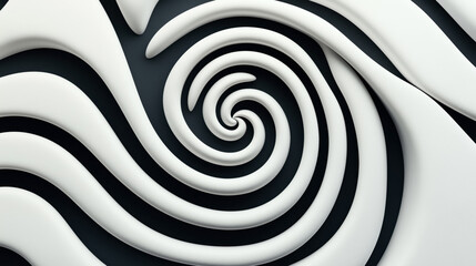 Abstract 3D spiral design with layered white and dark gray wavy patterns creating a hypnotic optical illusion effect.