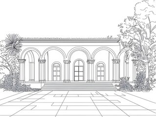 Obraz premium Minimalist Line of Traditional Greek Villa with Arches and Columns