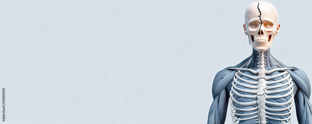 Poster human skeleton model with detailed structure, white isolated background.