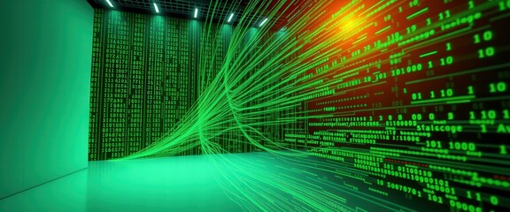 Digital Code Stream  Abstract Green Lines  Binary Data Flow  Technology Background