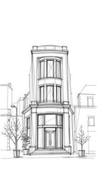 Hand Drawn Sketch of Corner Building with Large Windows and Doors