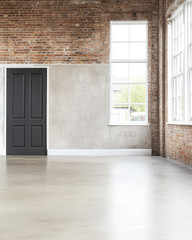 Obraz premium Minimalist interior featuring a dark door in a spacious, modern brick-walled setting