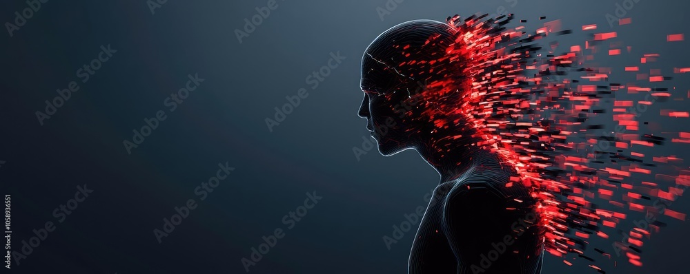 Poster Conceptual representation of transformation, human silhouette with dynamic particles.