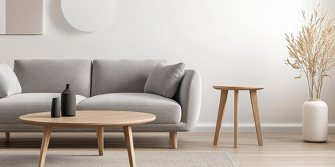Modern living room interior with a grey sofa, wooden coffee table, and decorative plants